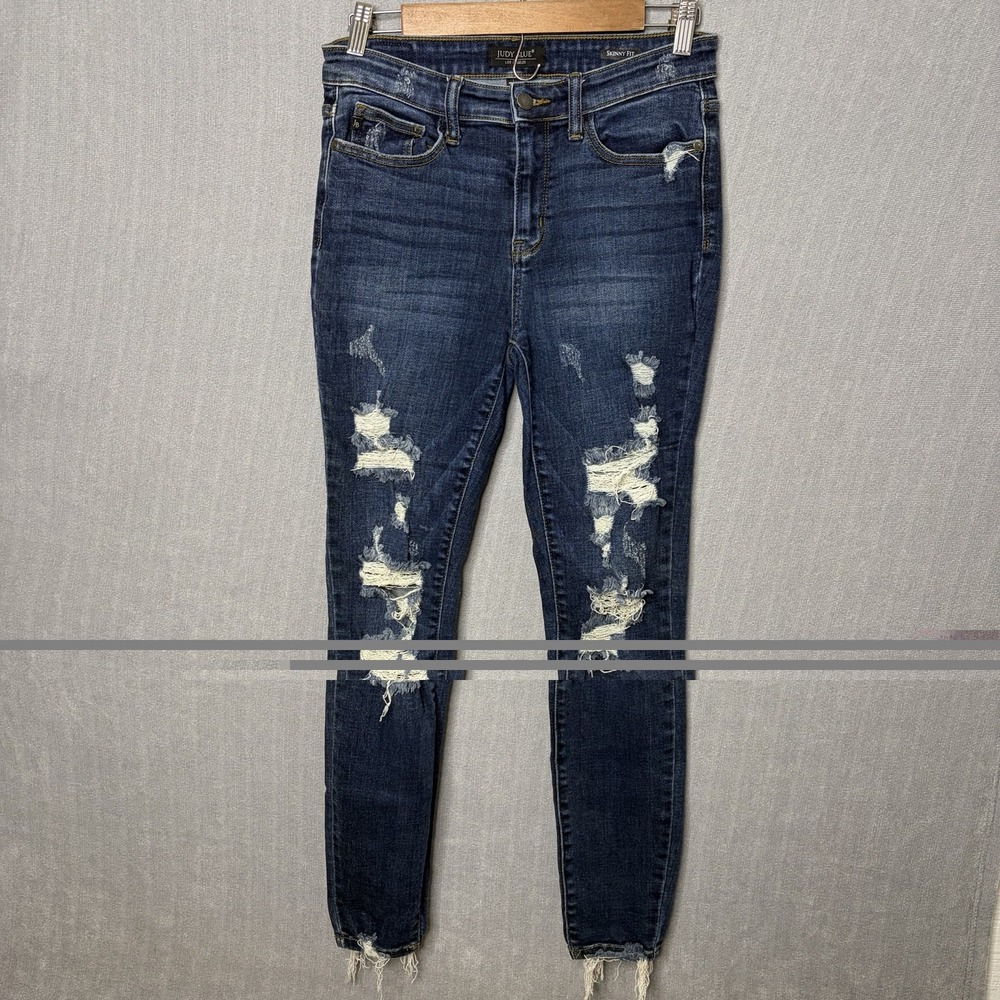 Judy Blue Skinny Fit Distressed Jeans Medium Wash Raw Hem Size 7/28